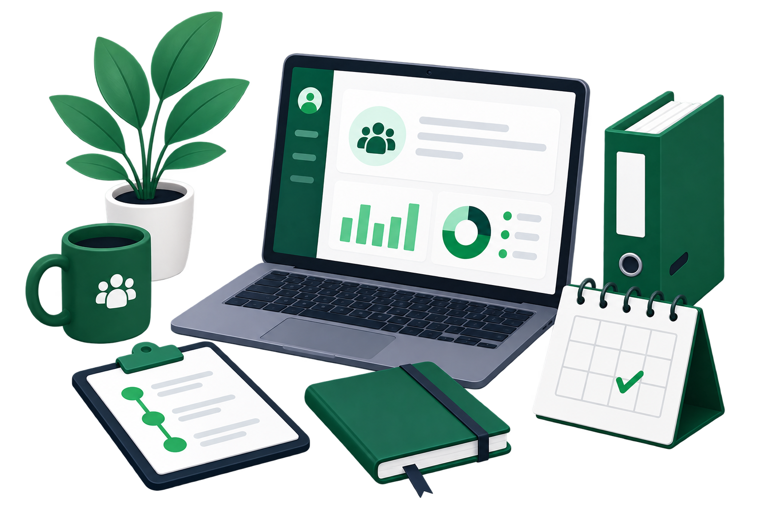 Agency workspace illustration with campaign analytics and planning tools