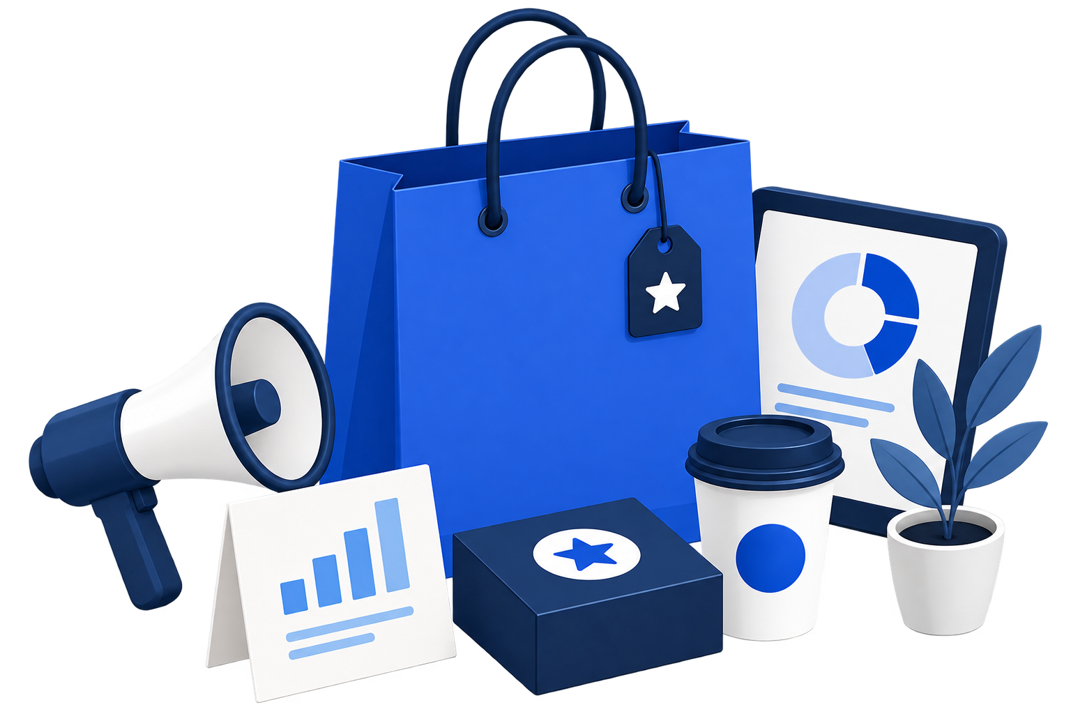 Brand marketing illustration with a shopping bag, megaphone, and analytics