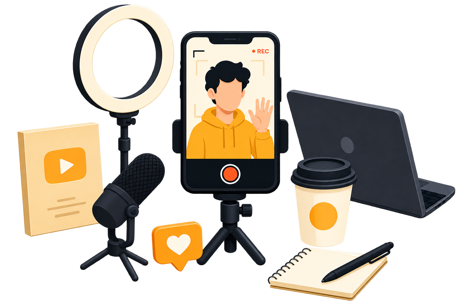 Creator studio illustration with recording equipment and a camera setup